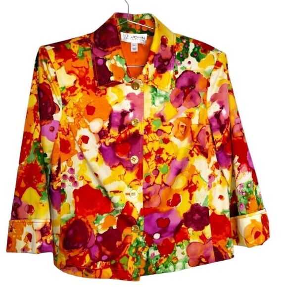 St. John Womens Jacket Sz 6 Bright‎ Zebra Multicolors Orange Silk Floral